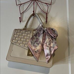 Aldo Beige Satchel with Pink Butterfly Scarf